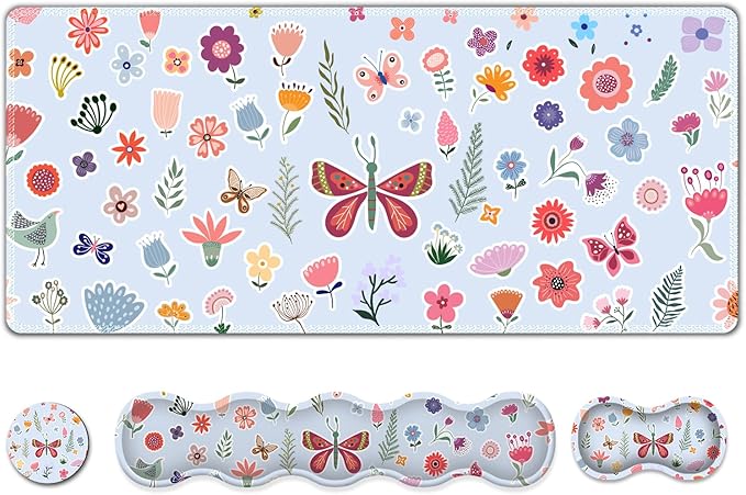 Desk Mat Gaming Mouse Pad, Cute Desk Matt Keyboard Wrist Rest for Desktop, Anti-Slip Big Mousepad Stitched Edges, XXL Large Mouse Pad with Wrist Support for Home Office I Butterfly & Flower