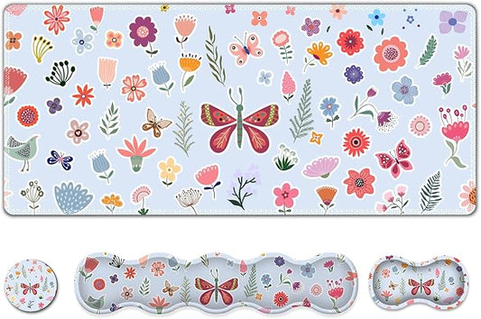 Desk Mat Gaming Mouse Pad, Cute Desk Matt Keyboard Wrist Rest for Desktop, Anti-Slip Big Mousepad Stitched Edges, XXL Large Mouse Pad with Wrist Support for Home Office I Butterfly & Flower