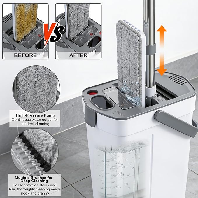 Yotock Mop and Bucket Set, 50" Flat Mop and Bucket System for Floor Cleaning, Separate Dirty and Clean Water, 4 Microfiber Pads Included, Wet and Dry Use, for Cleaning All Floor Types and Windows