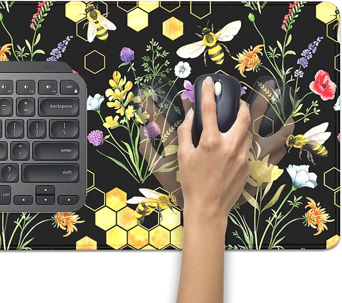 Bees and Honeycombs Mouse Pad,XL Large Wildflowers Mousepad Desk Pad with Stitched Edges,Non-Slip Waterproof Rubber Base Mouse Mat Desk Mat for Office Computer Keyboard Laptop Home(27.5x11.8 in)