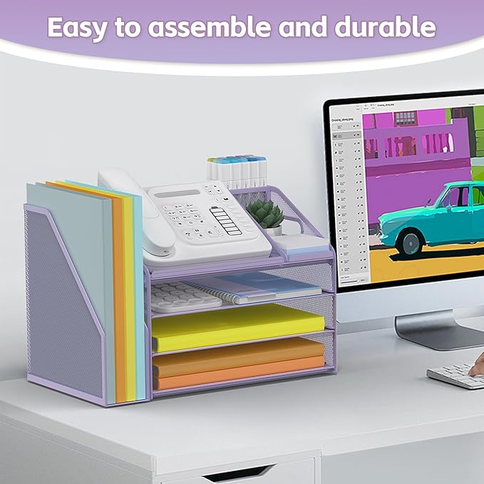 DocNest 4 Tier Paper Letter Tray File Organizer, Mesh Desk File with Handle, Workspace Desk Organizers with Pen Holder, Office Organization Storage Accessories - Purple