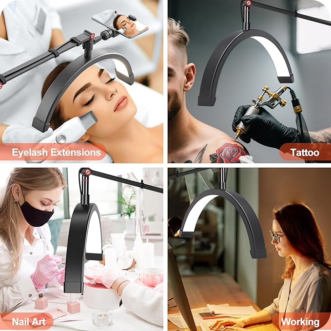 Professional LED Desk Lamp, Half Moon Light for Desk with Clip&Phone Holder, Esthetician Light with Adjustable 10-Level Dimming & 3 Color for Work,Office,Makeup,Nail Salon,Tattoo,Craft (Black)