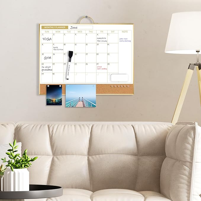 ARCOBIS Dry Erase Calendar with Cork Board for Wall, 12"x16" Double-Sided Calendar Whiteboard & White Board with Gold Frame, Magnetic Monthly Planning Board for Home, Office, School