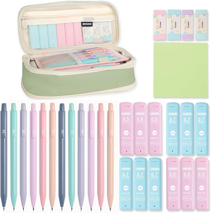 Mechanical Pencil Set with Cute Pencil Case, 12x Pastel Mechanical Pencils 0.5 & 0.7mm with 720x HB Leads, 4x Erasers and 1x Sticky Note, Suitable for Writing, Drafting Drawing Sketching(green)