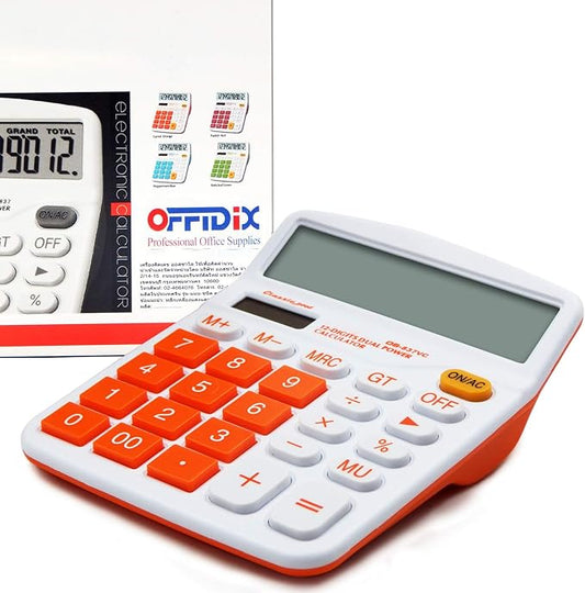 OFFIDIX Office Solar Desktop Calculator and Battery Dual Power Portable Electronic Calculator 12 Digits Large LCD Display Calculator Orange