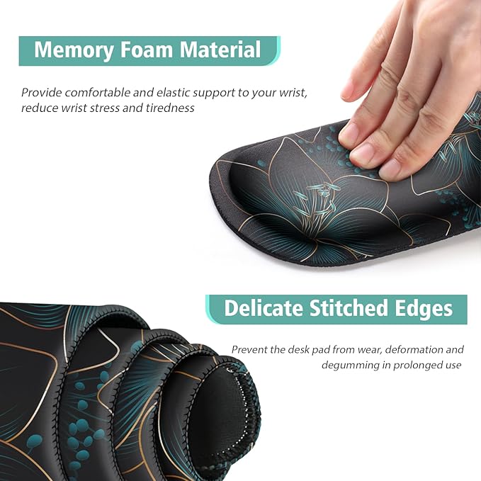Keyboard Mouse Pad Set,Large Gaming Mouse Pad+Keyboard Wrist Rest+Wrist Rest+Coaster,Computer Desk pad Set Wrist Support for Office Desktop Laptop. (35.4" x 15.7") Extended Desk Mat (Floral)
