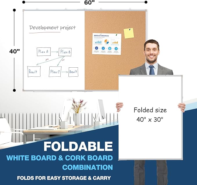 Large White Board Dry Erase Foldable Cork Board Combo, 60" x 40" Double Sided Dry Erase Board for Wall, Magnetic Whiteboard Cork Board Combination for Office, Home, School, Kitchen