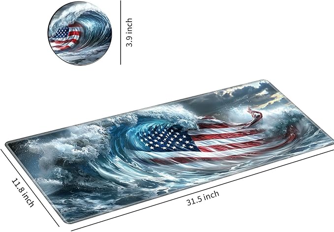 Desk Mat Large Gaming Mouse Pad (31.5x11.8 inch) with Stitched Edges, XL Mouse Pad +Coaster, Extended Mouse Mat Keybroad Mousepad Non-Slip Rubber for Gamer Men Women, Wave American Flag