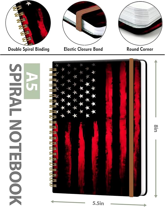 Spiral Journal Notebook for Women, Hardcover A5 College Ruled Notebook, 60 Sheet, Thick Paper, Cute Lined Journal for School, Office & Work, 6 x 8.4 in(Black Red American Flag)