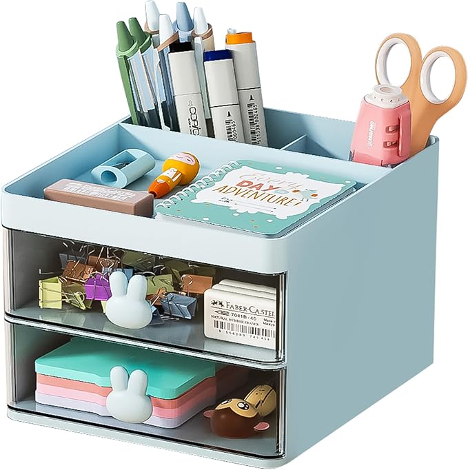 Marbrasse Small Desk Organizer with Drawer, Multi-Functional Pen Pencil Holder Storage Box, Desk Organizers and Accessories with 3 Compartments + 2 Drawer for Office Art Supplies(Blue)