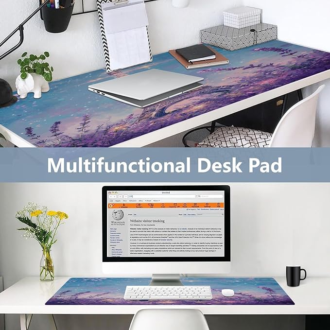 Mouse Pad Desk Mat Leather Desk Pad Large Gaming Desk Cover Protector Mat for Keyboard Computer Laptop Office Waterproof 47.2 x 23.6 Inch Lavender Eiffel Tower Purple