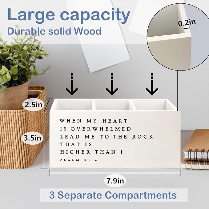 SNNDER Inspirational Christian Pen Holder for Desk, Christian Religious Gifts for Women Men, Psalm 61:2 Bible Verses Wooden Pen Pencil Holder Organizer for Home Office Desk Accessories