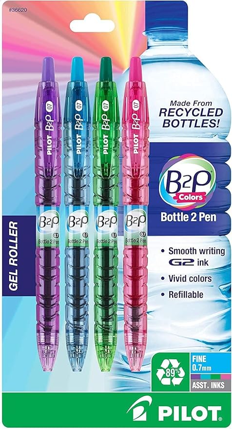 PILOT B2P Colors - Bottle to Pen Refillable & Retractable Rolling Ball Gel Pen Made From Recycled Bottles, Fine Point, Assorted Color G2 Inks, 4-Pack (36620)