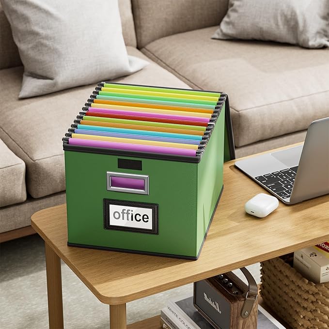 Huolewa File Organizer Box with Lid, Collapsible Faux Leather Document Organizer, Hanging File Folder Box with Plastic Slide, Decorative Filing Boxes Cabinet for File and Folders Storage(Green)