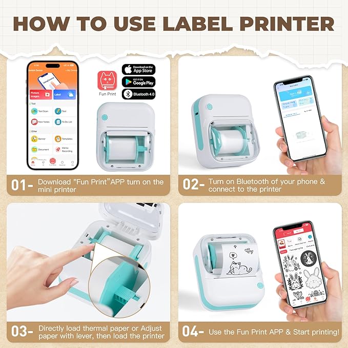 cudinham B3 Label Maker, Bluetooth Thermal Label Printer with Printing Paper, Portable Mini Sticker Printer Supports 12-57mm Papers for Notes, Home, Office, Photos, Compatible with iOS & Android