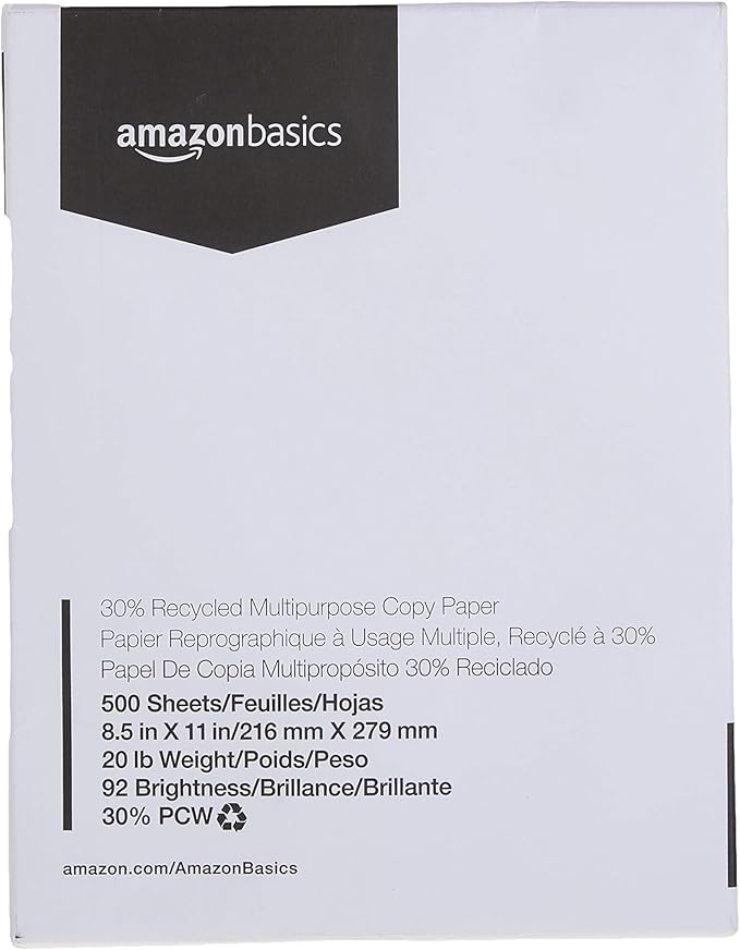 Amazon Basics 30% Recycled Multipurpose Copy Printer Paper, 8.5 x 11 Inches, 20 lb, 1 Ream, (500 Sheets), 92 Bright, White