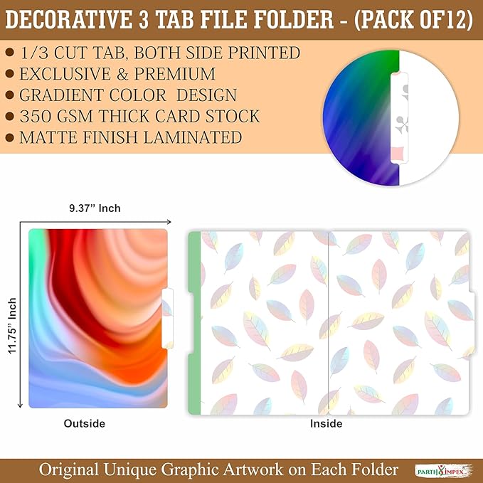 PARTH IMPEX 12 Pack Decorative File Folders, 1/3 Cut Tab with Assorted Positions, Letter Size Paper Holders (9.37” x 11.75”) Matte Finish Laminated for Office School Work - Gradient Colored Design