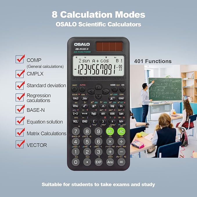 OSALO Scientific Calculator 401 Function 10+2 Digits Display Solar Battery Calculators Fraction Statistics Integral for Middle and High School College Students (OS 991MS 2nd Edition)