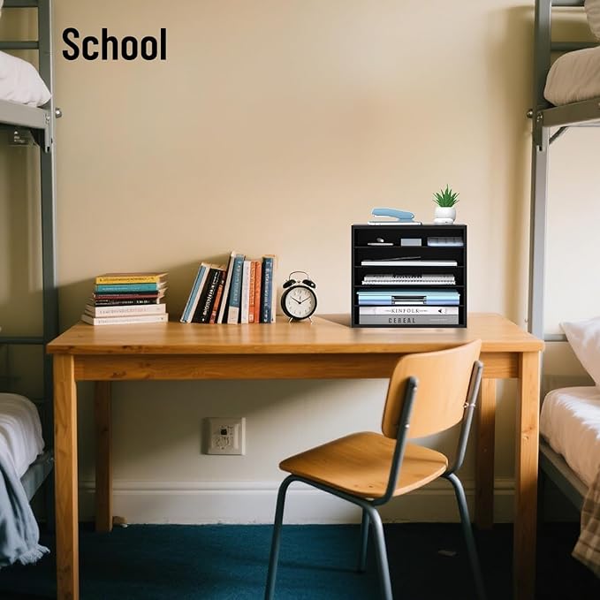 5-Tier Wood Desk Organizer, Paper Tray Organizer for Desk with Adjustable Storage Shelves, Desktop Paper Sorter Mail Holder for Office Home Classroom, Black