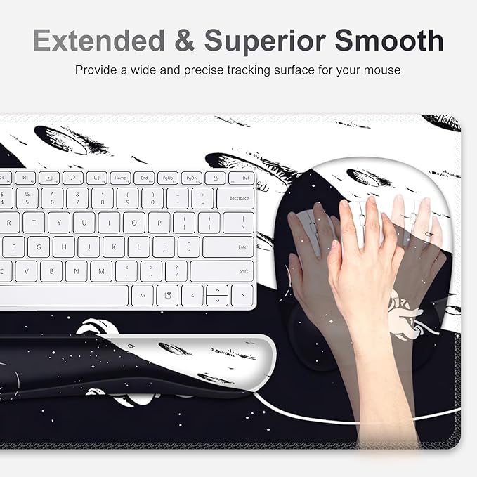 Large Mouse Pad, Keyboard Wrist Rest Set, Ergonomic Mouse Pad with Wrist Support, Desk Mat with Stitched Edges + Coaster, Extended Desk Pad Waterproof Desk Mat for Home Office Game I Space Astronaut