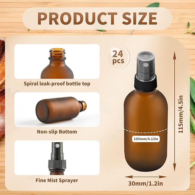 BILLIONSTARS 24 Pack 2oz Glass Boston Round Bottle with Fine Mist Sprayer - Amber Frosted - Essential Oils, Bath, Beauty, Hair & Cleaning - Leakproof Travel Bottles