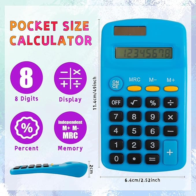 18 Pcs Pocket Calculator,Pocket Size Calculator,8 Digit Display Solar Battery Dual Power Desktop Calculators for Students Kids Home Office(9 Colors)