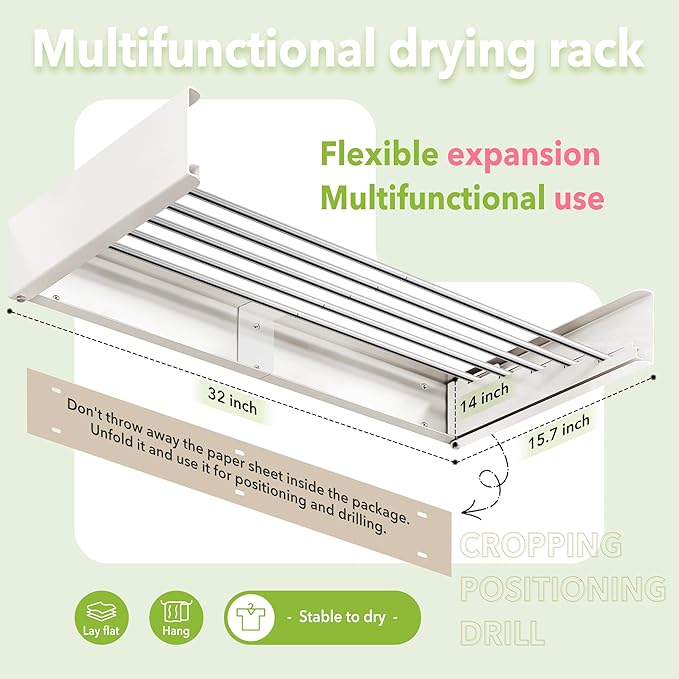 Wall Mounted Clothes Drying Rack 32 inches,Foldbale Laundry Drying Rack Wall Mount,Drying Rack Clothing Space Saver,Retractable,Collapsible,Folding Laundry Rack,White