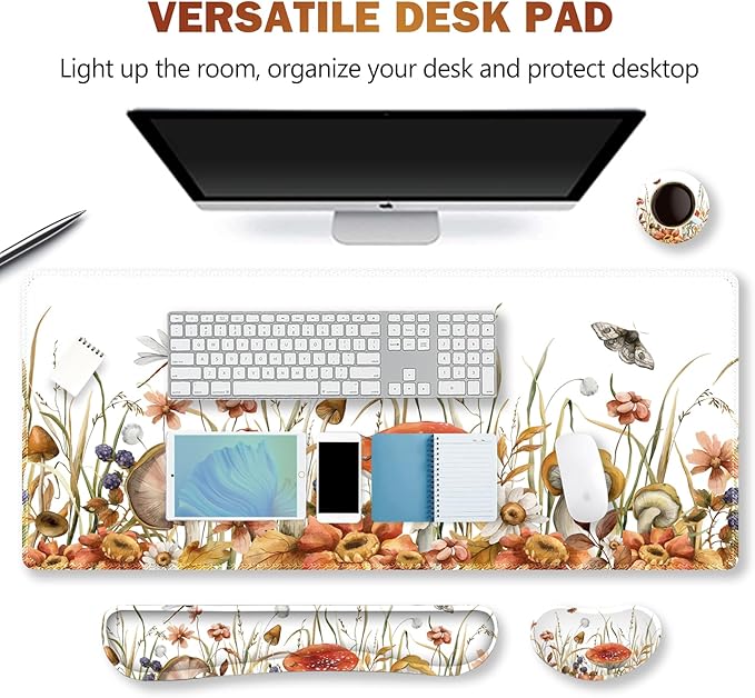 ARTSO Large Gaming Mouse Pad, Keyboard Wrist Rest Pad & Wrist Support Mousepad Set, Stitched Edge, Extended, Non-Slip Base, Memory Foam Desk Mat for Office, Home, Mushroom Plants