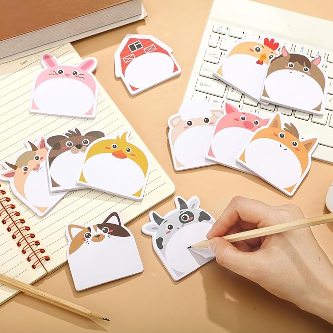 Yinder 24 Pads Cute Sticky Notes Kawaii Fun Animal Sticky Notes Pads Bulk Cartoon Memo Self Adhesive for Veterinary Gift Office School Tab Party Supplies(Farm Animals)