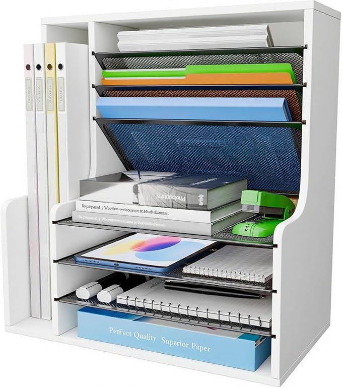 Simple Trending 7 Tier Desk File Organizer, Wooden Letter Tray Paper Organizer with Adjustable File Holder, Mesh Desktop Organizer and Storage for Office Supplies, White