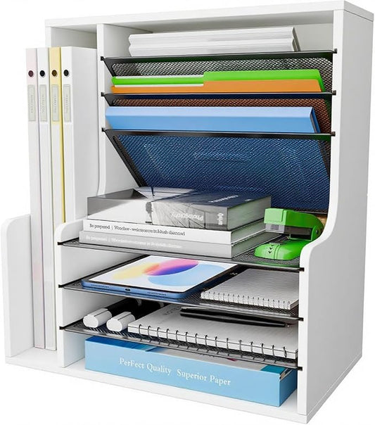 Simple Trending 7 Tier Desk File Organizer, Wooden Letter Tray Paper Organizer with Adjustable File Holder, Mesh Desktop Organizer and Storage for Office Supplies, White