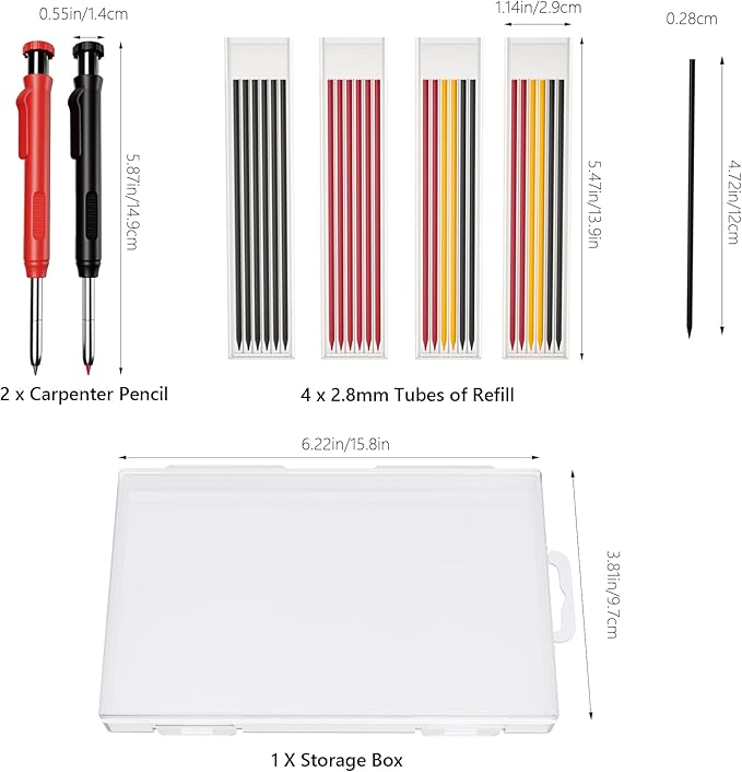 HAUTOCO Mechanical Carpenter Pencils Set with Sharpener & 26 Refills for Construction, Solid Deep Hole Marker Heavy Duty Woodworking Tools Mechanical Pencils for Architect with Case (Black, Red)