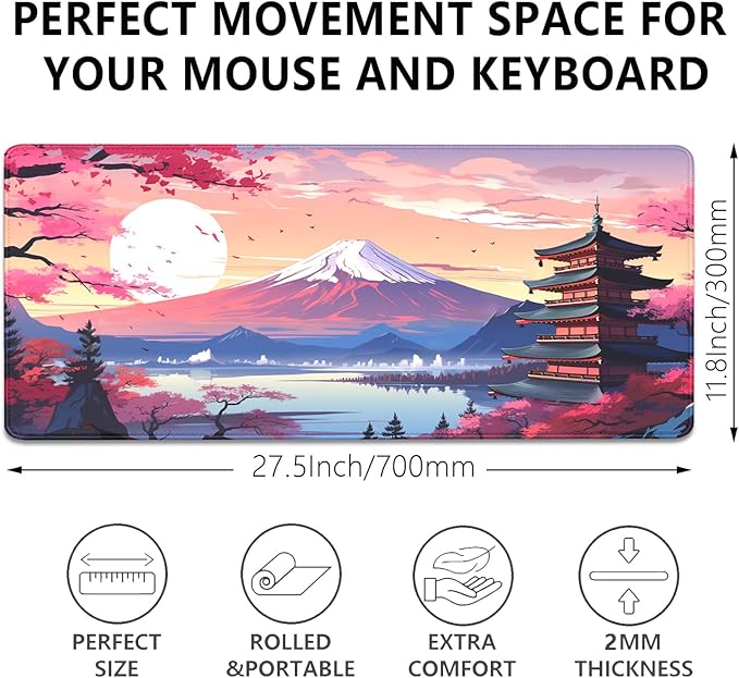 Japanese Cherry Blossoms Mouse Pad,Mount Fuji XL Mousepad Desk Pad with Stitched Edges,Non-Slip Waterproof Rubber Base Mouse Mat Desk Mat for Office Computer Keyboard Laptop Home(27.5x11.8 in)