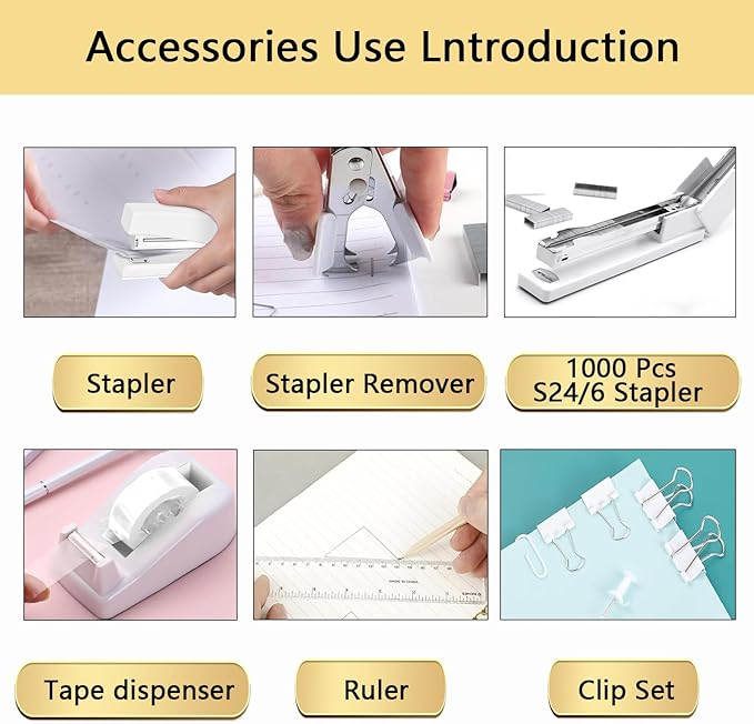 Office Supplies,Desk Accessories,Tape Holder,Stapler,Scissor,Staple Remover,Box of Binder Clips,Staples,Ballpoint Pen,Sticky Notes,Clear Tape,Ruler,Office Supplies Set White