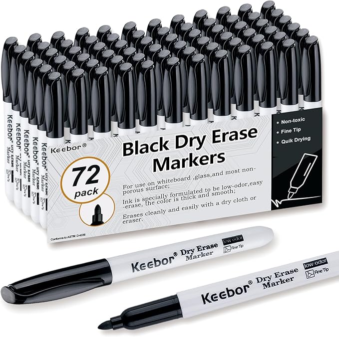 Fine Tip Dry Erase Markers - Bold Black, Long-Lasting ink, Low-Odor - 72 Pack Whiteboard Markers Bulk for Home, Office, Back to School Supplies