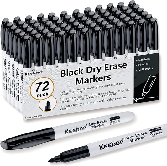 Fine Tip Dry Erase Markers - Bold Black, Long-Lasting ink, Low-Odor - 72 Pack Whiteboard Markers Bulk for Home, Office, Back to School Supplies