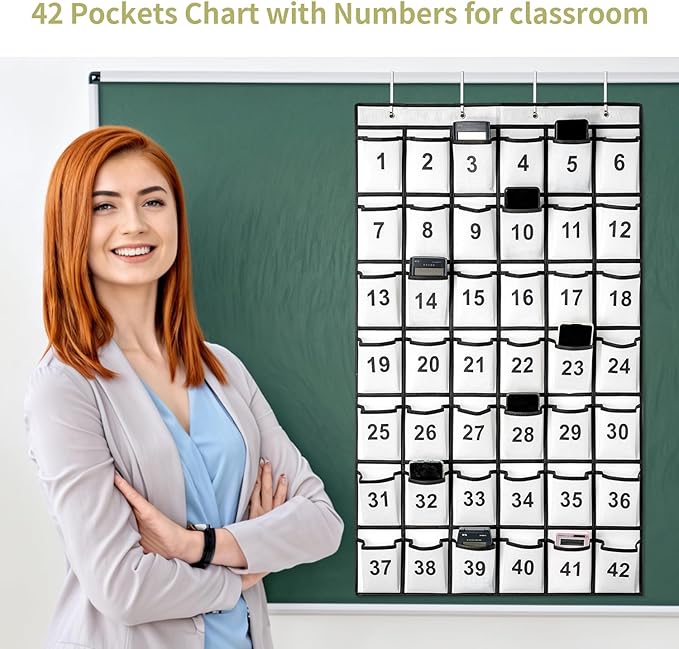 42 Pockets Numbered Classroom Pocket Chart for Cell Phones, Hanging Pocket Chart Storage for Classroom Phone Calculator Holder with 4 Hooks and 42 Clear Numbers Printing (White-42pockets)