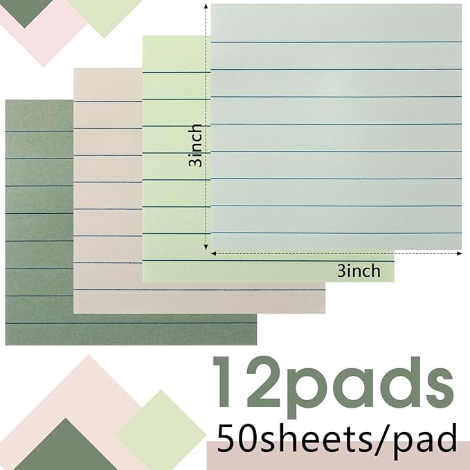 12 Pack Sage Green Lined Sticky Notes 3x3 inch Post Ruled Stickies Super Self Stick Power Memo Pads Multi Colors Notes Pads Vintage Aesthetic School Office Supplies Accessories