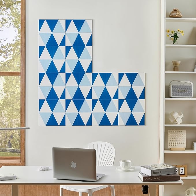 12-Pack Felt Wall Tiles, Large Bulletin Board with Safe Removable Adhesive Tapes, 11.8 x 11.8in Panels Alternative for Home Wall Decor, Blue-and-White Pattern