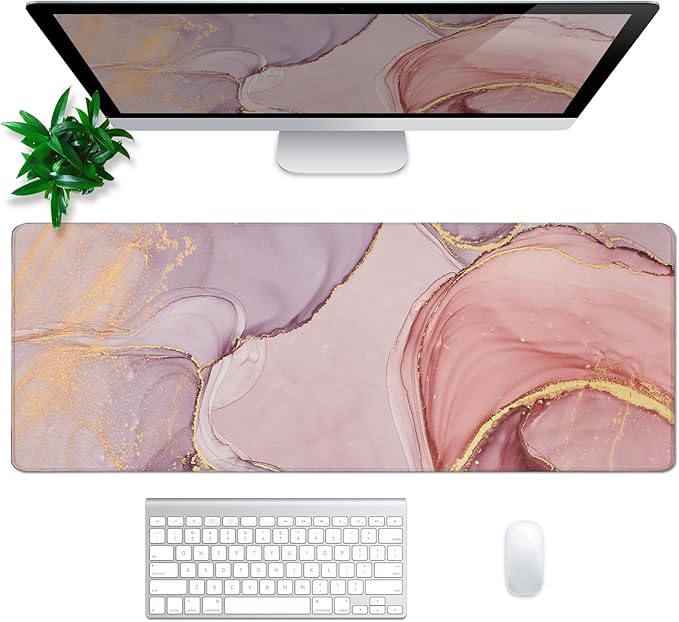Rose Gold Marble Mouse Pad Abstract Marble Mouse Pad 31.5x11.8 Inch Texture Non-Slip Rubber Base Large Mousepad Stitched Edges Keyboard Mouse Mat Desk Pad for Office and Home