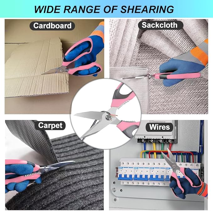 Heavy Duty 8'' Multipurpose Scissors with Protective Cover, Stainless Steel Serrated Blades, Easy Cutting Cardboard, Leather, Fabric, Wires (PINK)