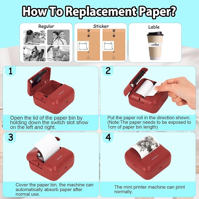 HuiJuKeJi Mini Sticker Printer Bluetooth Smart Pocket Inkless Thermal Printer with 11 Rolls Thermal Paper and Sticker for iOS&Android, Portable Receipt Printer for Photo Note Memo (Brown red)