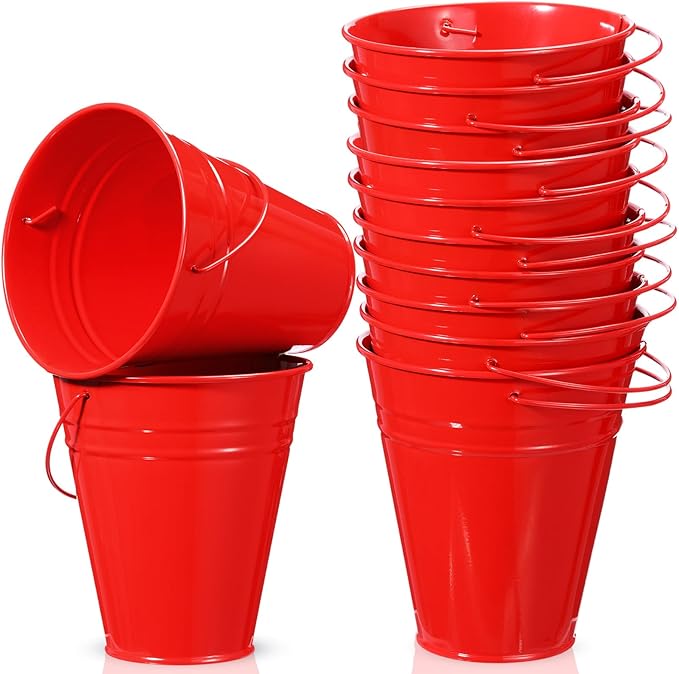 Sadnyy 12 Pack Metal Buckets with Handle, Galvanized Bucket 4.5 x 5 Inch Basket Bucket Party Supplies, Crafts for Christmas Halloween Candy Bars Vase Crafts(Red)