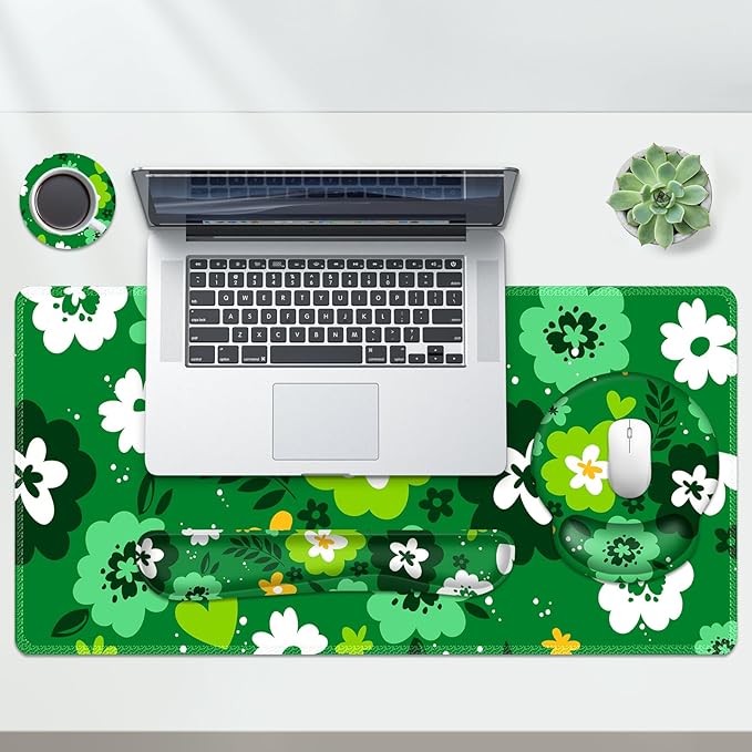 AIMSA Keyboard Mouse Pad Wrist Rest Set, Large Gaming Mouse Desk Pad with Wrist Support Ergonomic Design, 4 in 1 Mousepad for Home Office, Green Flowers