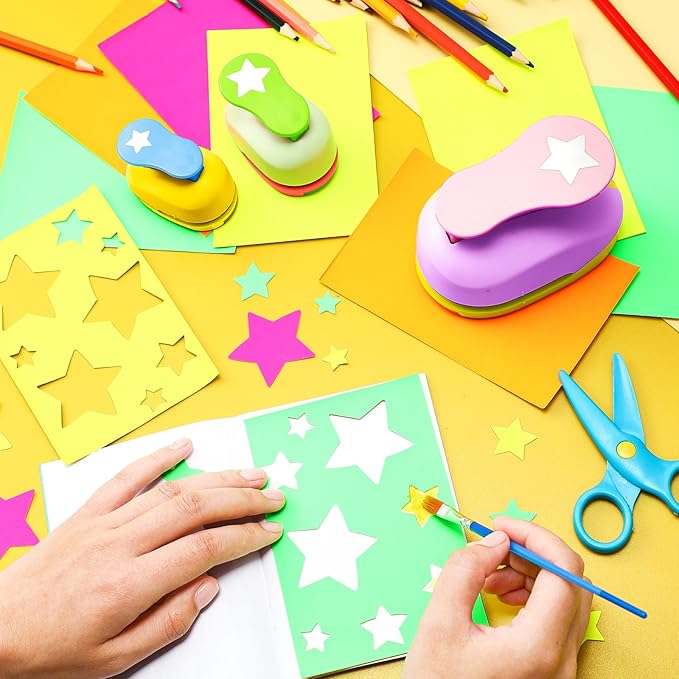 Chengu 3 Pack Craft Hole Punch 2,1 and 5/8 Inch Punch Paper Punchers with 10 Pcs Sticker, Cutter for Card Making Scrapbook DIY Albums Photos Office Supplies(Star)