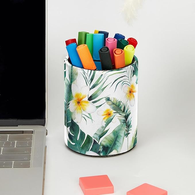 Pen Holder For Your Desk, Pencil Holder Organizes All Pens, Watercolor Plumeria Flowers Palm Tree Pen Cup For Your Office Decor
