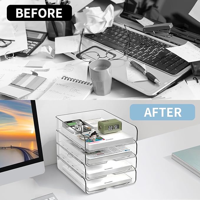 4-Tier Paper Organizer for Desk, Stackable Desk Organizer Paper Tray, Ideal for Office Supplies, A4 Storage (Clear, 4-Tier)