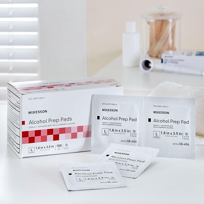 McKesson Alcohol Prep Pads [Pack of 100] 70% Isopropyl, Individually Wrapped Wipes, Sterile, Medical-Grade, First Aid, Large