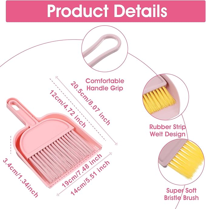 Pink Small Broom and Dustpan Set, Mini Dustpan and Brush Set, Small Hand Broom and Dust Pan Sets for Home Sofas Kitchen Countertops Storage Shelves Office Desks Bathrooms and Pet Areas