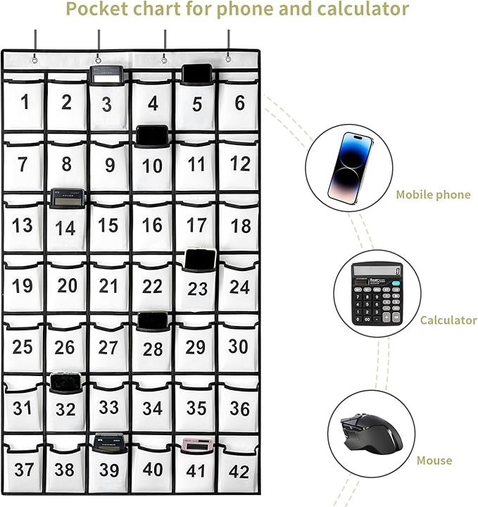 42 Pockets Numbered Classroom Pocket Chart for Cell Phones, Hanging Pocket Chart Storage for Classroom Phone Calculator Holder with 4 Hooks and 42 Clear Numbers Printing (White-42pockets)